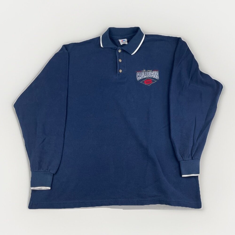 VTG Canada Made Montreal Canadien Mens XL NHL Rugby Polo Bulletin Athletic Navy
